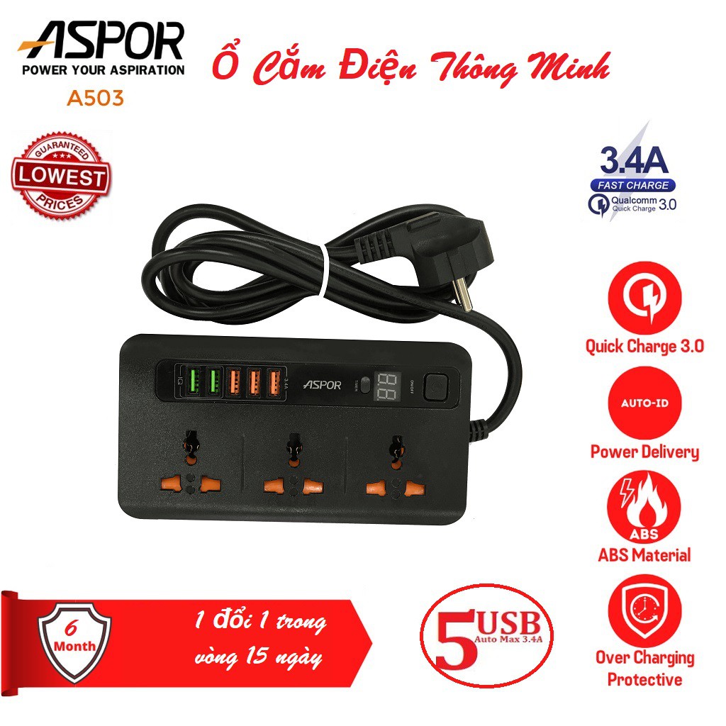 Ổ Cắm Điện, Ổ Cắm Điện Thông Minh ASPOR A503 Hỗ Trợ Sạc Nhanh 3.4A Với 5 Cổng USB -Tiêu Chuẩn EU Dây dài 2M