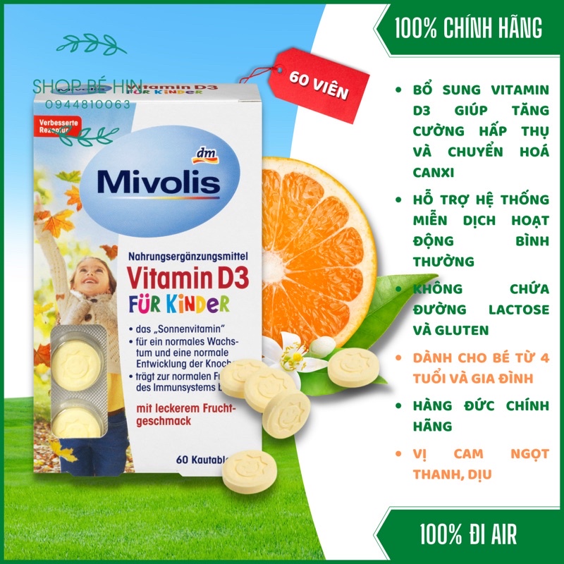 (Đủ bill) Viên ngậm bổ sung vitamin D3 Mivolis cho bé từ 4 tuổi, hàng Đức chính hãng-Shop Bé Hin