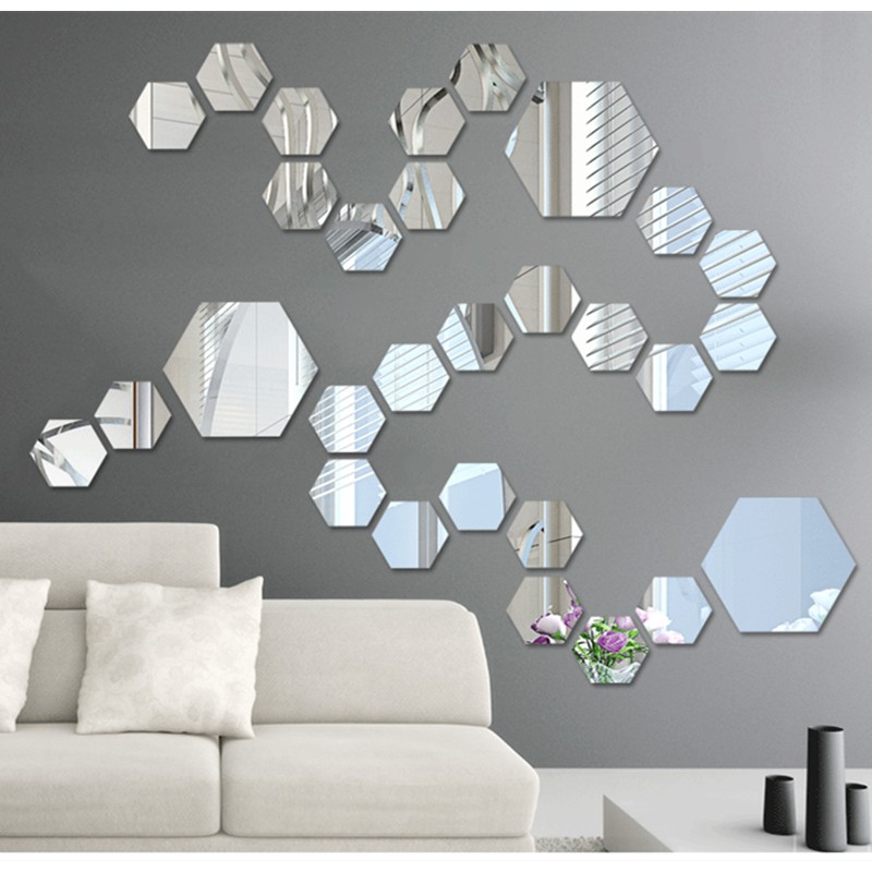 Miếng đề can dán tường hình lục giác 3D bề mặt tráng gương trang trí phòng khách