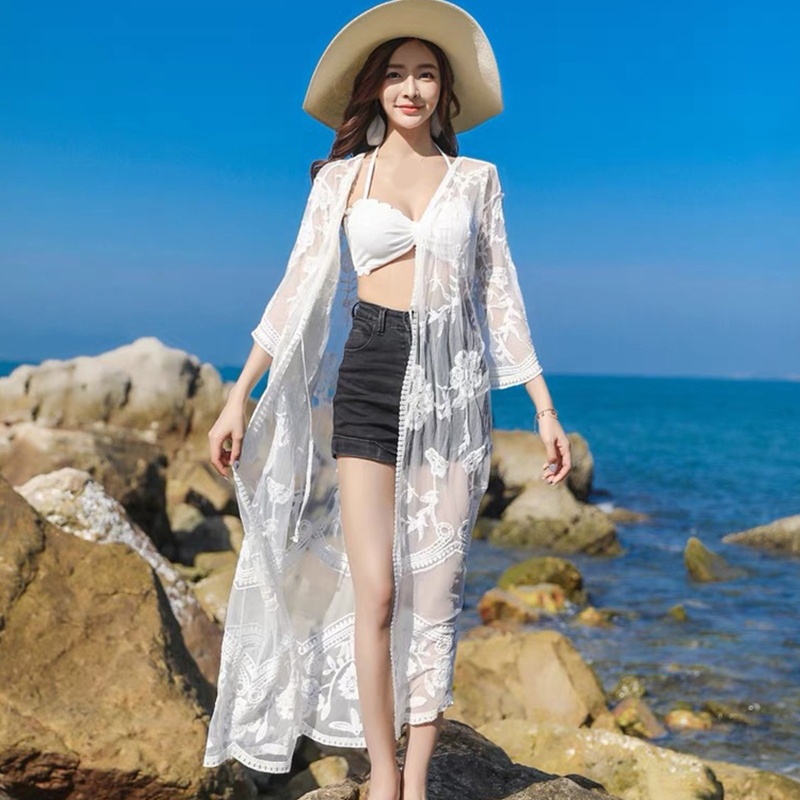 Brroa Áo Khoác Cardigan Kimono Lưới Mỏng Thêu Họa Tiết Phía Trước Dáng Dài Cho Nữ