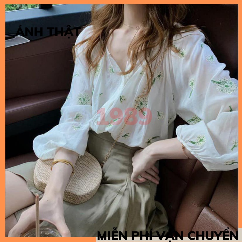 Áo babydool thêu hoa nỗi - áo baby doll nữ cổ v tay bồng chất đũi hoa nỗi cực xinh THỜI TRANG 1989