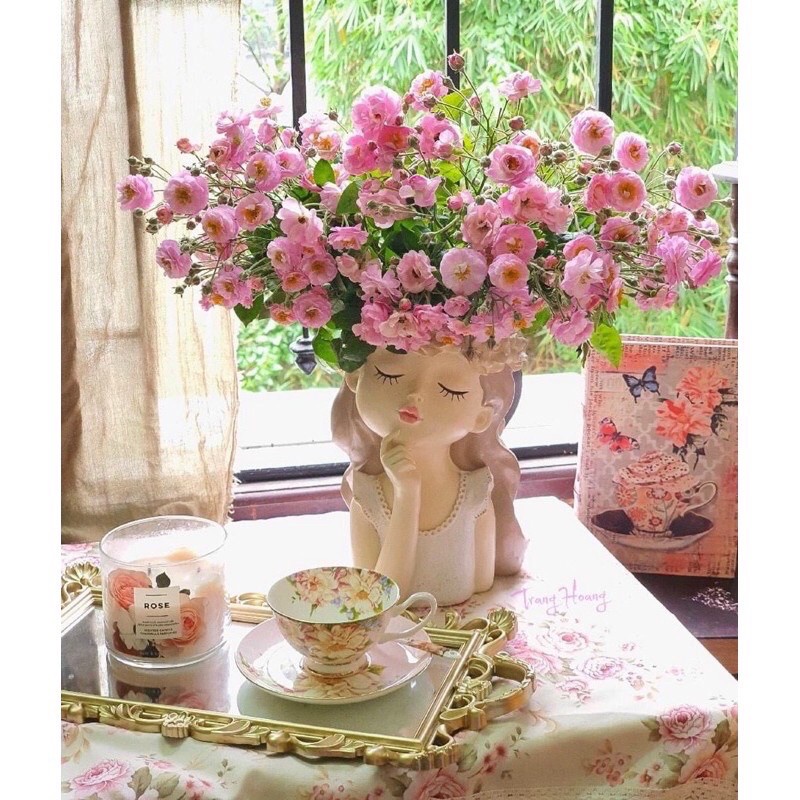 Chậu cây, lọ hoa cô gái trồng cây trang trí xinh xắn