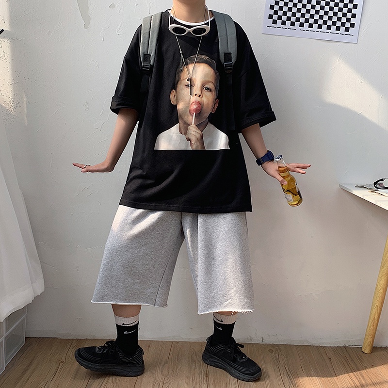 Áo thun tay ngắn cổ tròn dáng rộng in hình cậu bé thời trang mùa hè phong cách Hàn Quốc cho nam cỡ S-5XL