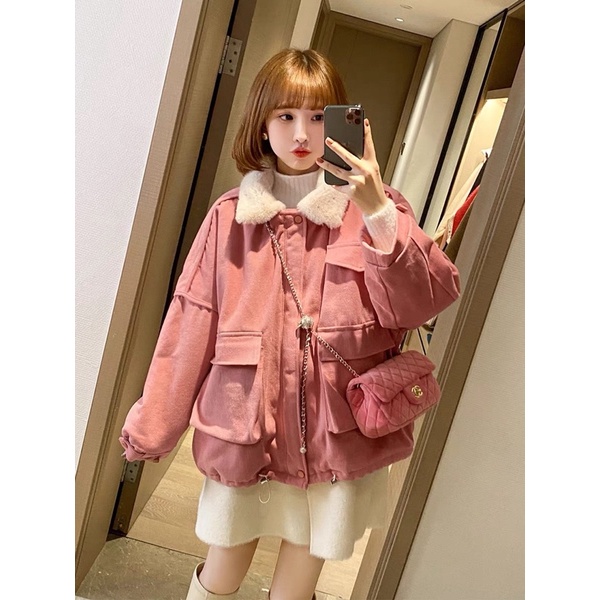 Áo Khoác Kaki 2 Lớp Lót Lông Cổ Bẻ 🦋 Áo Đại Hàn Nữ Dáng Rộng Túi Ngực 3 Màu 🦋 | BigBuy360 - bigbuy360.vn