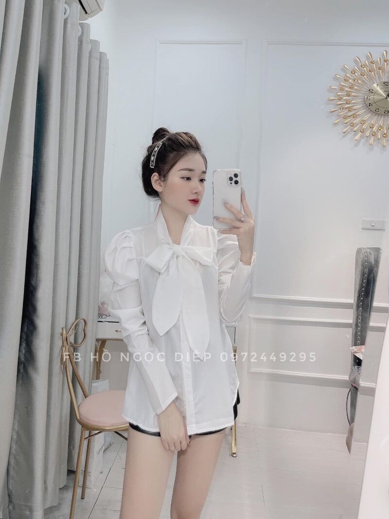 [ Mã WASTAPR giảm 10K đơn 50K] Áo sơ mi trắng buộc nơ tay bồng | BigBuy360 - bigbuy360.vn