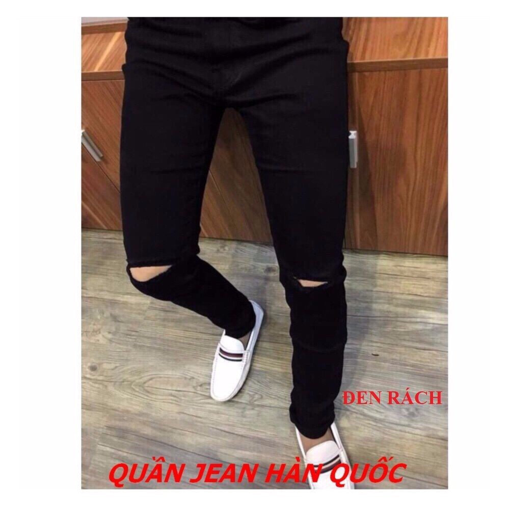 Quần Jean Nam Đen Rách Gối Ống Ôm Chất Jean Co Giản MS 50