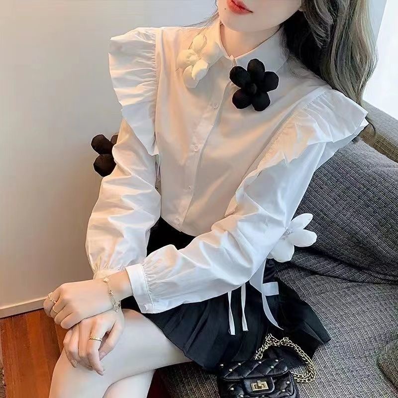 Áo Sơ Mi Trắng Họa Tiết Hoa Ba Chiều Thiết Kế Mới Phong Cách Pháp Cổ Điển