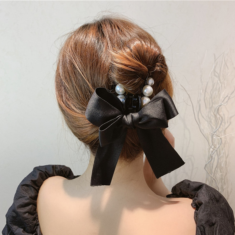 <Spot>Korea Bowknot Pearl Catch Trend New French Bowknot Hair Catch Girls Back Head Hairpin Headband