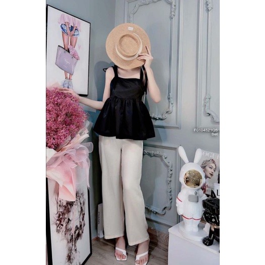 Set áo babydoll 2 dây bản phối quần đũi suông hàng Quảng Châu 0104