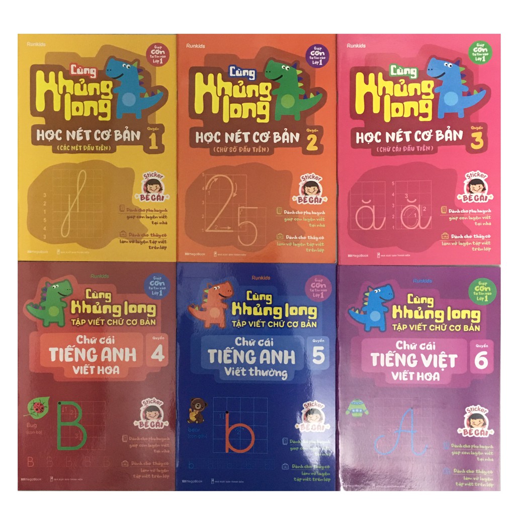 Sách Megabook - Combo Cùng Khủng Long Học Nét Và Tập Viết Chữ Cơ Bản - Sticker Bé Gái (6 Cuốn)