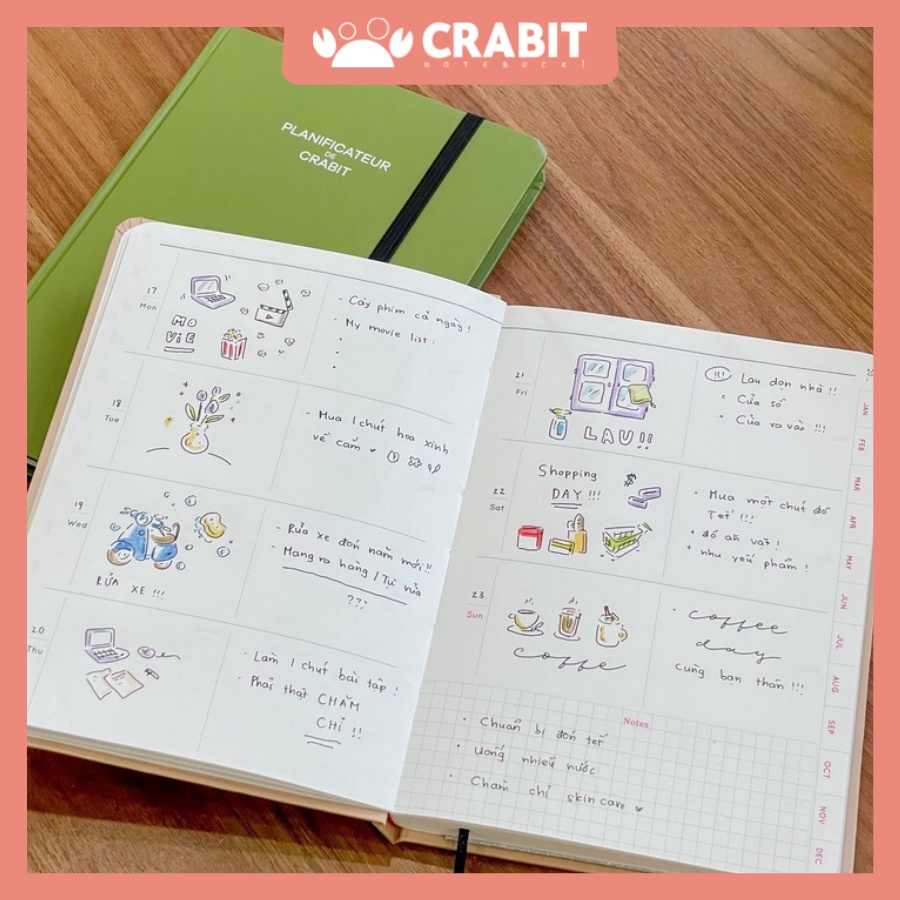 Sổ Planner 2022 Crabit - Sổ lịch A5 lên kế hoạch 12 tháng, có túi sau, 100gsm