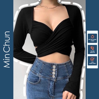 Áo croptop nữ tay dài kiểu sexy cột dây có mút ngực MINCHUN ACD03