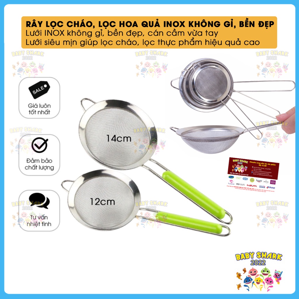 Rây lọc cháo bằng thép không gỉ SIÊU MỊN, cán nhựa xanh đường kính 12cm/14cm cho bé ăn dặm