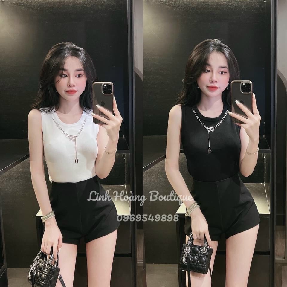ÁO SÁT NÁCH, ÁO BA LỖ LEN KÈM PHỤ KIỆN CHỮ B, PHONG CÁCH BASIC THỜI TRANG HANG QUỐC