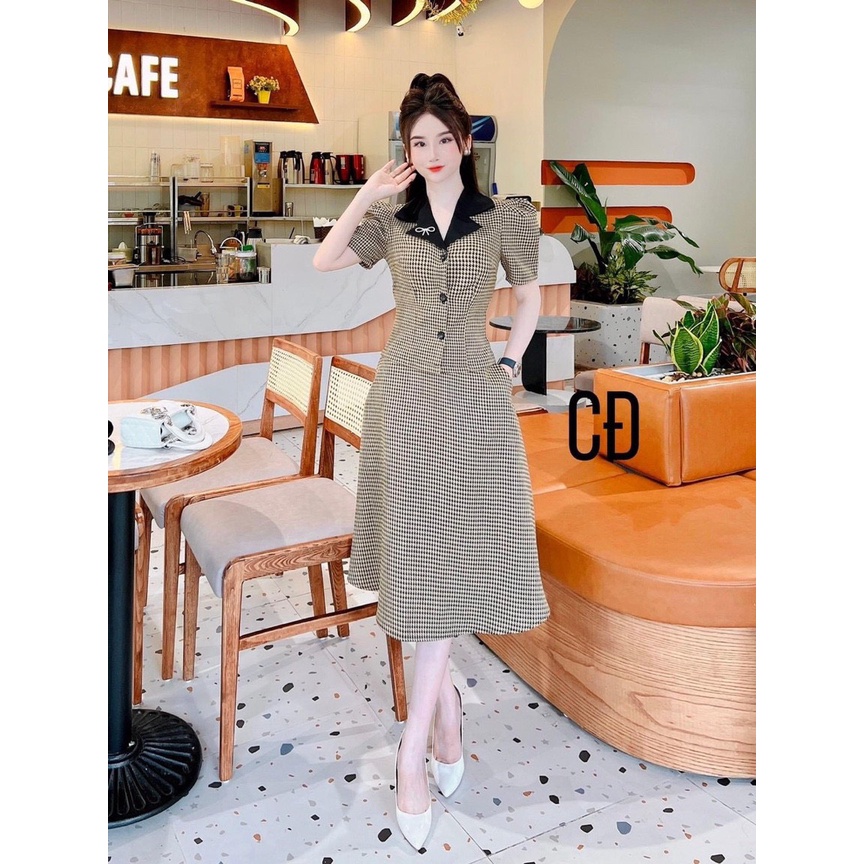 Sét áo và chân váy nữ áo cổ vét phối đen mix chân váy xòe họa tiết cực sang trọng thích hợp cho nàng đi làm đi dạo