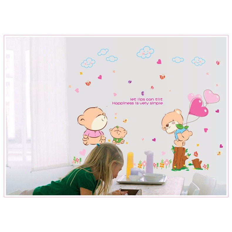 Tranh đề can trang trí dán tường tình yêu gia đình gấu và bóng bay hình trái tim, hình sticker decal dán tường cho bé