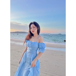 [ảnh thật] Đầm 2 dây trễ vai tay bồng