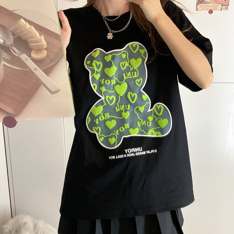 Áo Thun Nữ Tay Ngắn Dáng Rộng In Hình Gấu Dễ Thương