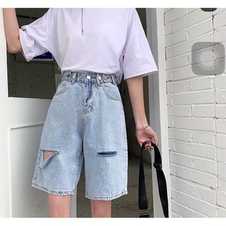 Quần jeans ngố đai nút rách PT