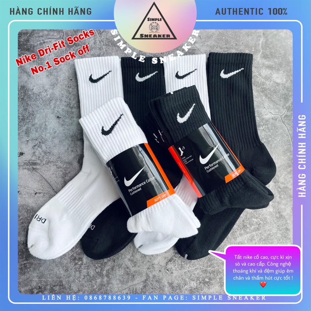 Vớ Nike Cổ Cao Dri-Fit FREESHIPTất Nike Unisex Chính Hãng - Chất Cotton Chơi Thể Thao - Chống Hôi Chân