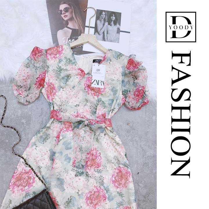 Váy Hoa, Đầm Voan Họa Tiết Hoa Hồng Phối Cúc Ngọc Tiểu Thư Nhẹ Nhàng Vintage YooDy - YDF802
