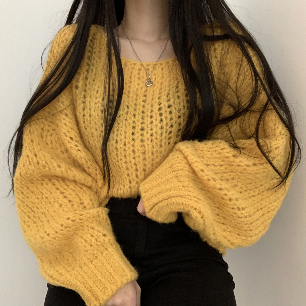 Áo sweater dệt kim tay phồng dáng rộng màu sắc ngọt ngào phong cách Hàn Quốc xinh xắn cho nữ