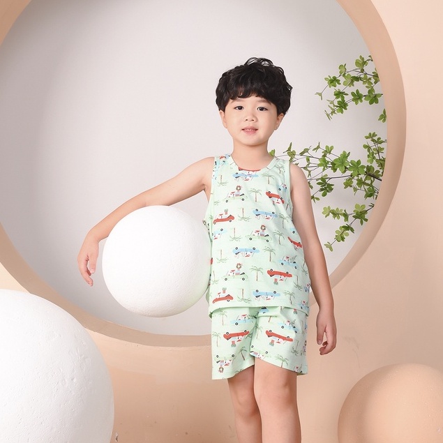 Bộ đồ ngủ bé trai mùa hè Việt Thắng, quần đùi, áo sát nách, chất cotton - B62.2202