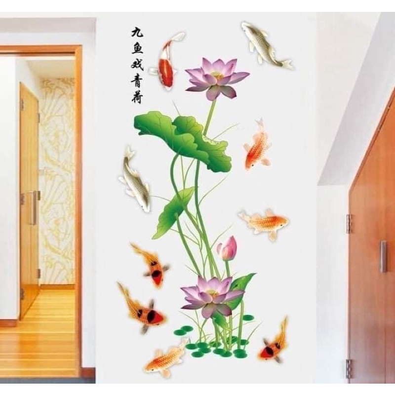 Decal dán tường, Tranh dán tường sen cá,sẵn keo dán