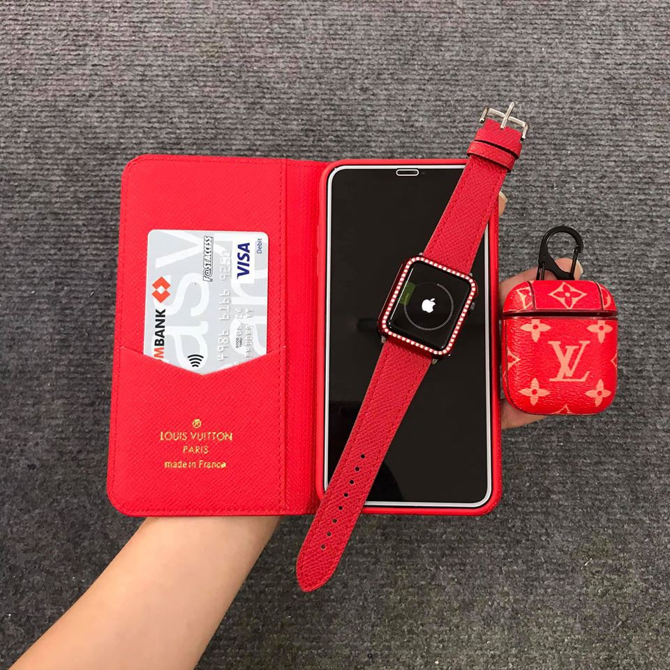 Combo ĐỎ ốp lưng dạng ví, bao da airpods, dây đồng hồ apple watch