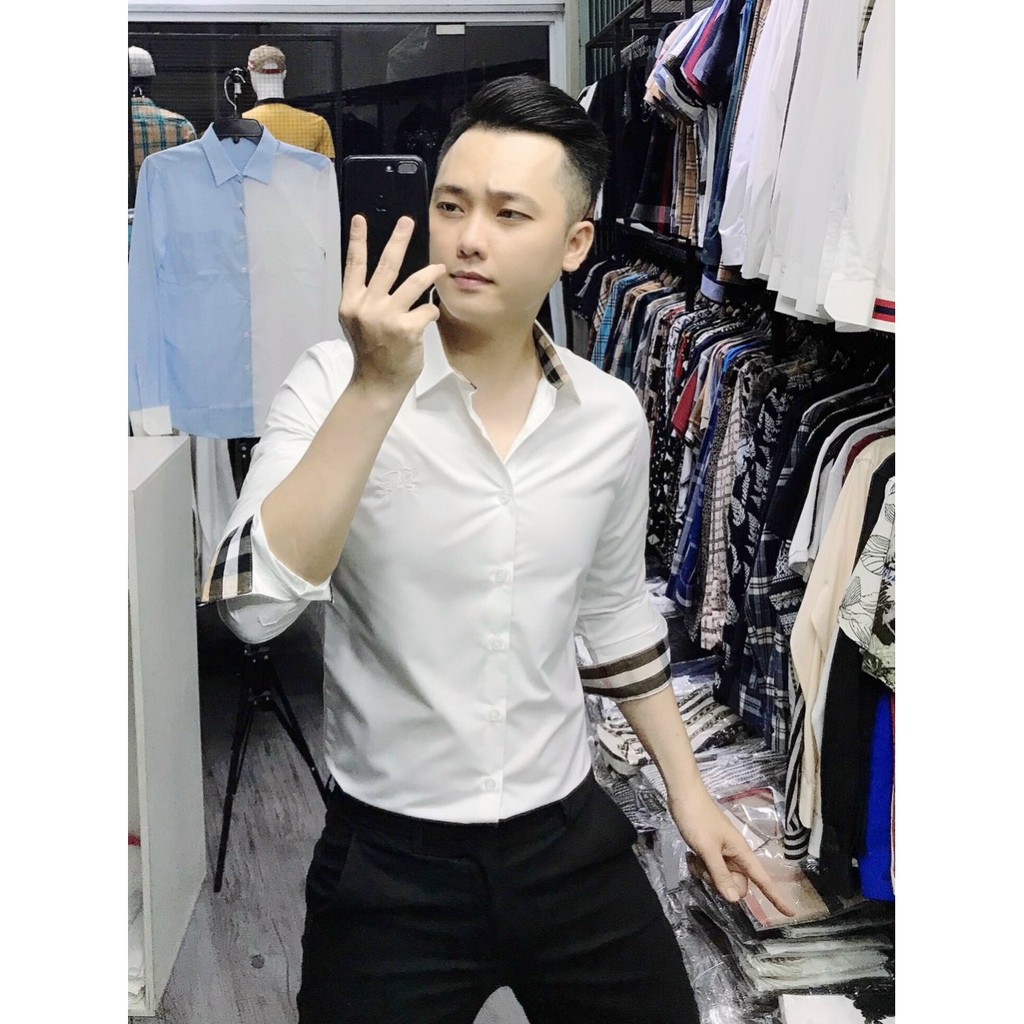 Áo Sơ Mi Nam Dài Tay Vải Lụa Cao Cấp, Áo Sơ Mi Trắng Cổ Tay Phối Màu Dáng Ôm Form Body, T-man | BigBuy360 - bigbuy360.vn