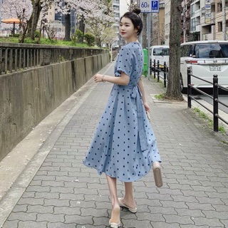 Đầm blue bi xanh đen thắt eo (kèm hình thật)