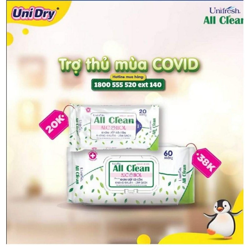 Khăn ướt có cồn diệt khuẩn ALL CLEAN 20 tờ