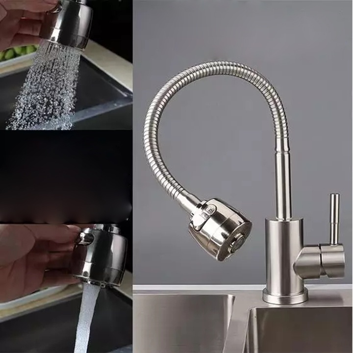 Vòi rửa bát nóng lạnh inox 304 trắng mờ cao cấp loại cần mềm xoay 360 độ, 2 chế độ xả nước siêu bền chống gỉ - Đủ Dây
