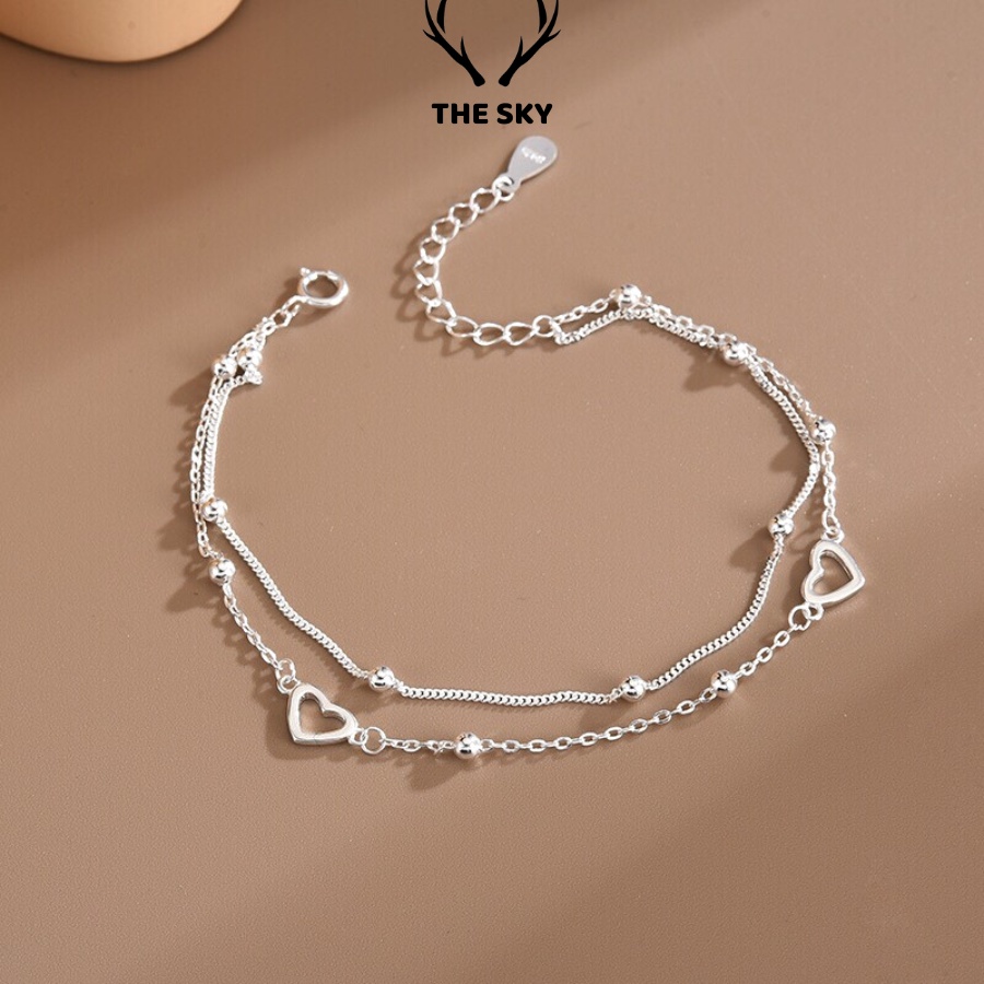 Vòng Tay Bạc Nữ THE SKY VT1022 Hai Dây Sợi Mảnh Kèm Mặt Hình Trái Tim