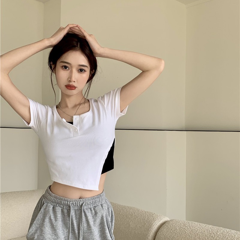 Áo thun IELGY ngắn tay thiết kế không đồng đều thời trang cho nữ