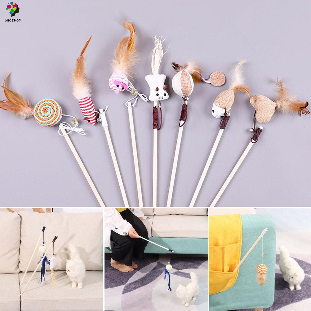 MIOSHOP Mini Pet Cat Teaser Toys Rod Mouse Toy Cat Catcher Teaser Wooden Stick With Mini Bell Wood Feather Cartoon Cat Interactive Toys