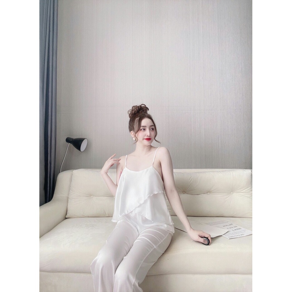 👉👉 Sét đồ ngủ 2 dây 2 tà chéo dễ thương👉👉 quần dài lụa satin dễ thương