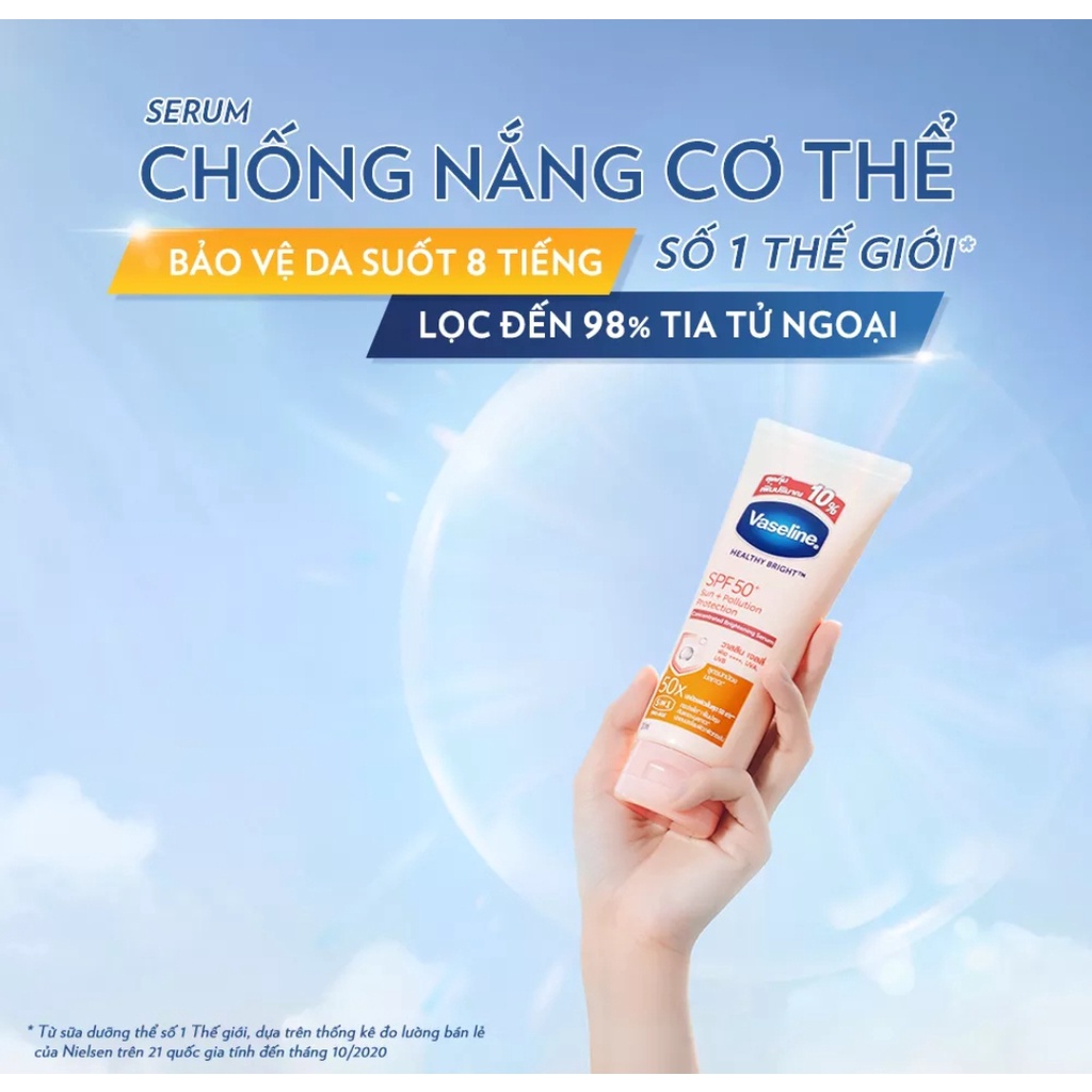 Serum chống nắng cơ thể Vaseline 50x bảo vệ da với SPF 50+ PA++++ giúp da sáng rạng rõ với Niacinamide 320ml