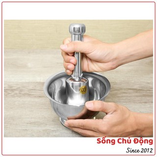 Bộ cối chày Inox Rainy, chày inox nặng đầm tay, cối inox dày, bóng sáng dễ vệ sinh