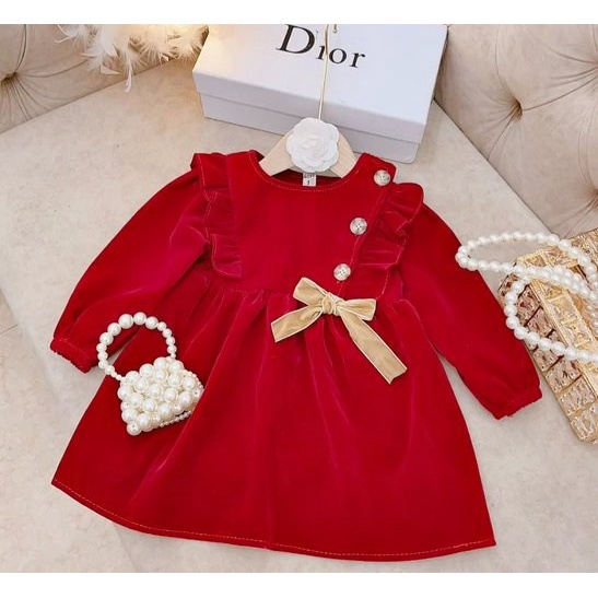 Váy nhung babydoll thắt nơ xinh xắn cho bé gái 8- 15kg