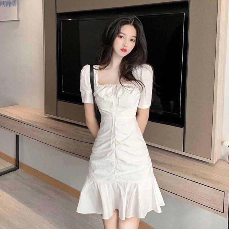 Đầm nữ đuôi cá ngắn cổ vuông tay bồng buộc nơ HSG140, váy chun mông dáng đuôi cá tôn ôm ngực thắt nơ tôn dáng