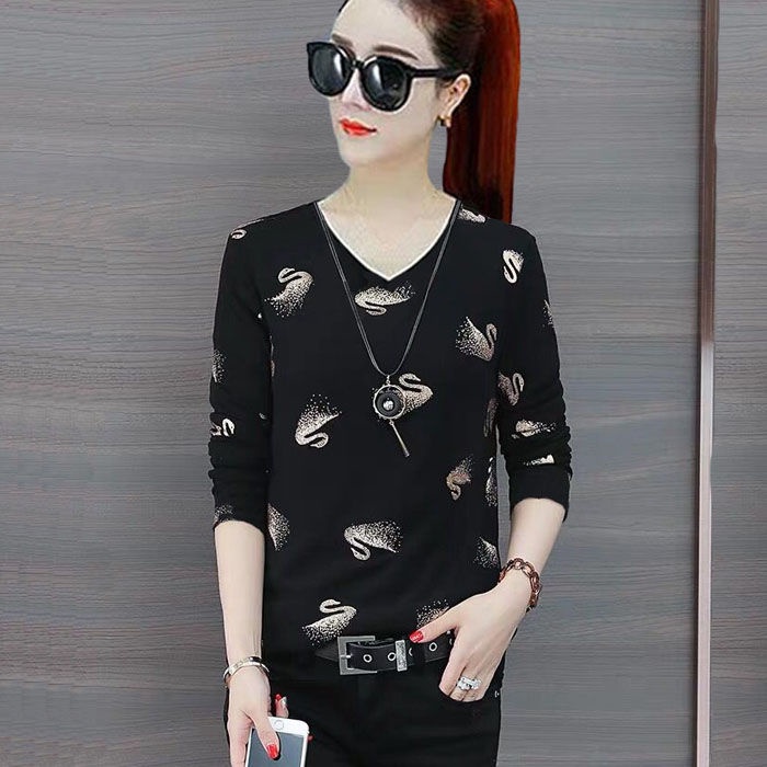 Áo Thun Nữ Tay Dài Cổ Chữ V In Họa Tiết Phong Cách Phương Tây Thời Trang Mùa Thu Mới