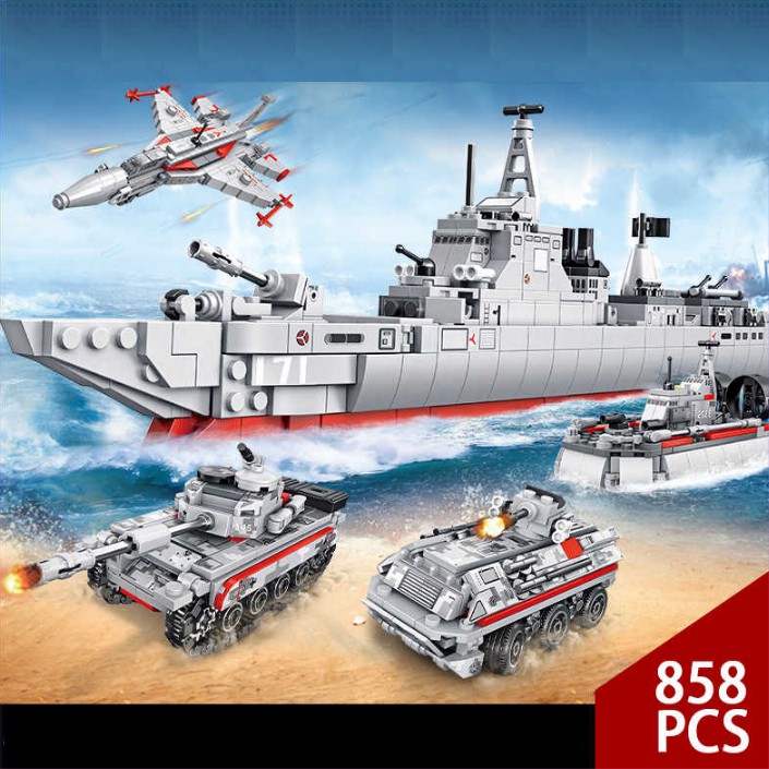Bộ lắp ghép lego phương tiện quân sự 4 trong 1 thuyền, máy bay, xe tăng thương hiệu Sembo 1052D