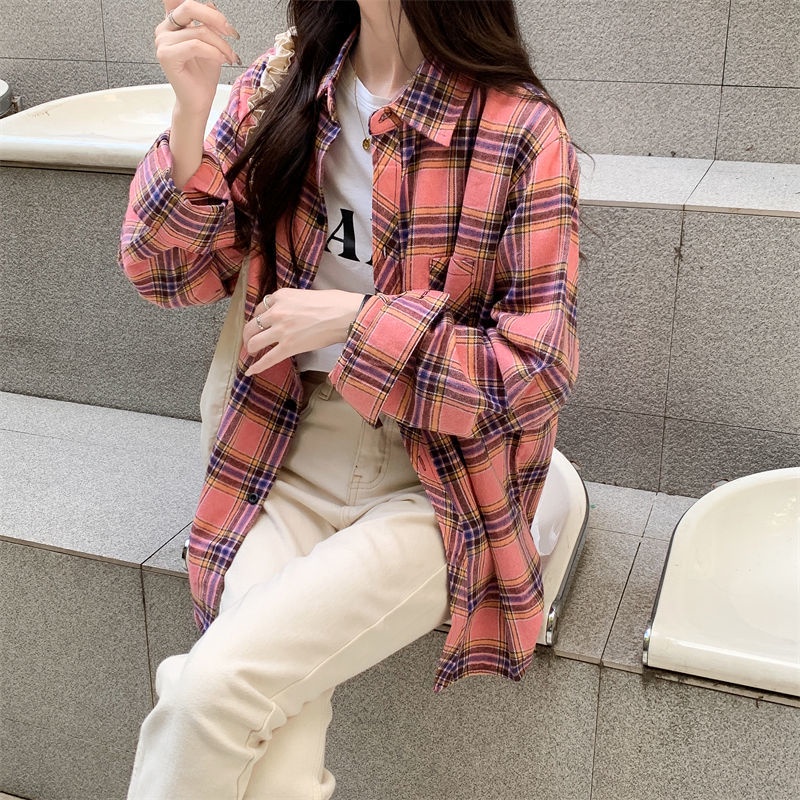 Áo Sơ Mi Caro Tay Dài Dáng Rộng Phong Cách retro Hàn Quốc Cho Nữ