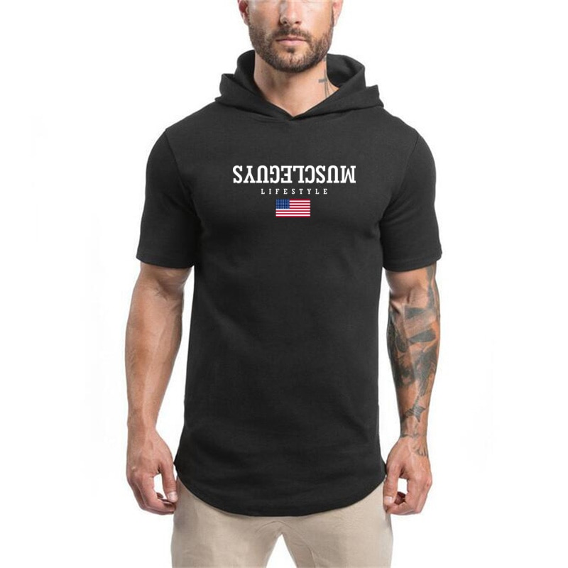 Áo thun tay ngắn có mũ trùm đầu cotton khoe dáng cơ bắp phong cách hip hop gym thể thao thời trang mùa hè mới cho nam