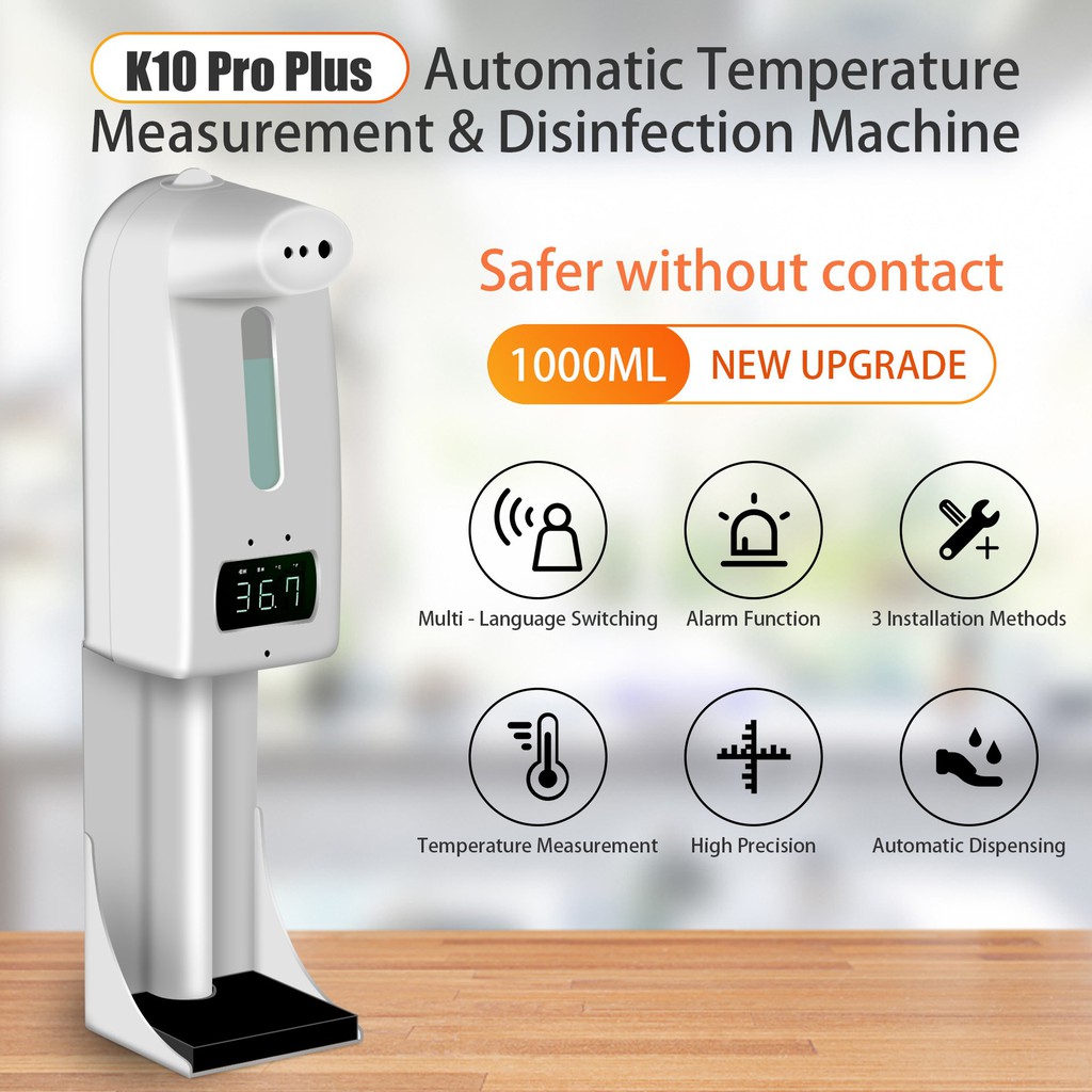 Máy đo thân nhiệt tự động tích hợp rửa tay khử khuẩn. Thiết bị K10 PRO đo trán, đo tay độ chính xác cao.