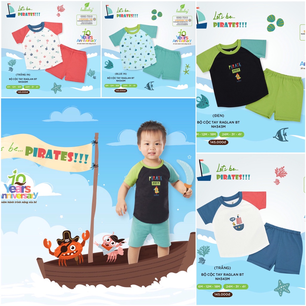 Bộ cộc tay raglan họa tiết bé trai cotton cao cấp an toàn cho bé lullaby chính hãng