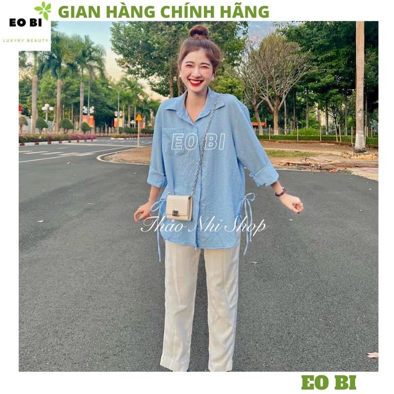 Set Áo sơ mi nữ xanh ngọc rút eo  kèm quần tây vải ống suông mầu trắng cực xinh thanh lịch ulzzang -EOBI | BigBuy360 - bigbuy360.vn