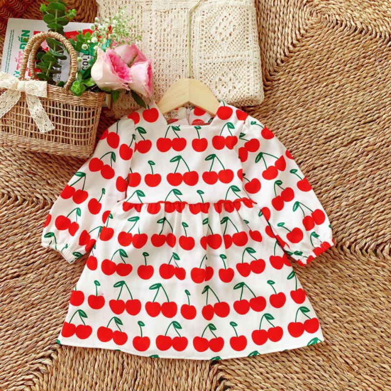 Váy cherry thu đông  cho bé gái, Váy in họa tiết quả cherry dễ thương cho bé, đầm nhung tăm thu đông