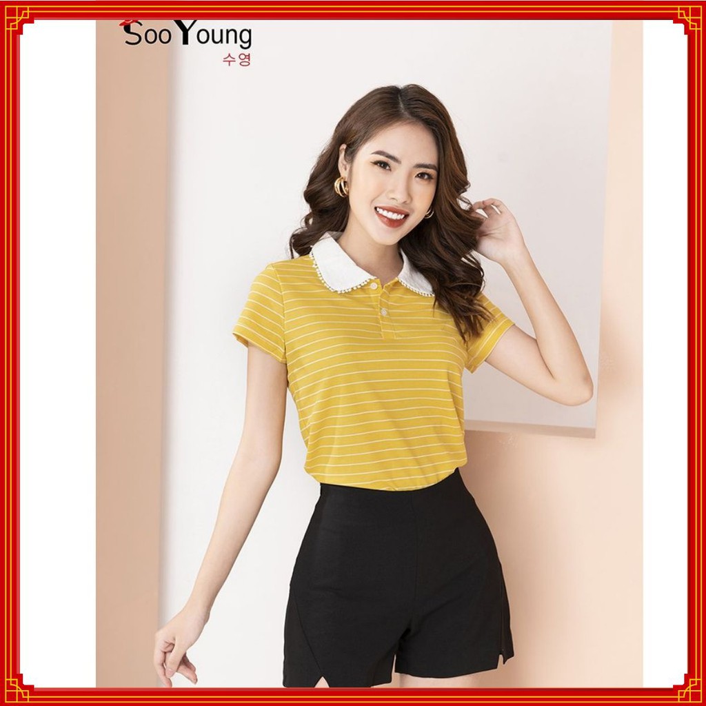 Áo thun kẻ 💝 Polo cổ sen phối 💝 tay ngắn-Sooyoung